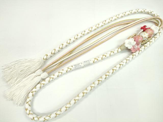 平和屋着物●和装小物　振袖用帯締め　飾り玉　つまみ細工　花　パール　白×ピンク　金糸　撚り房　逸品　未使用　CAAW4090ju