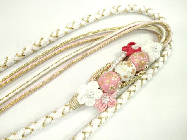 平和屋着物●和装小物　振袖用帯締め　飾り玉　つまみ細工　花　パール　白×ピンク　金糸　撚り房　逸品　未使用　CAAW4090ju