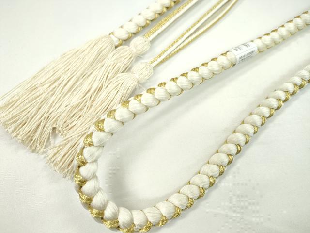 平和屋着物●和装小物　振袖用帯締め　ちりめん花飾り　パール　鳥の子色　金糸　撚り房　逸品　未使用　CAAW4092ju