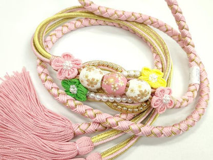 平和屋着物●和装小物 振袖用帯締め 飾り玉 つまみ細工 パール 花 虹色 金糸 撚り房 逸品 未使用 CAAW4100ju
