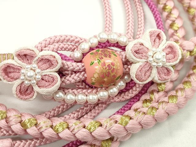 平和屋着物●和装小物　振袖用帯締め　飾り玉　つまみ細工　パール　花　鴇色　金糸　切り房　逸品　未使用　CAAW4102ju