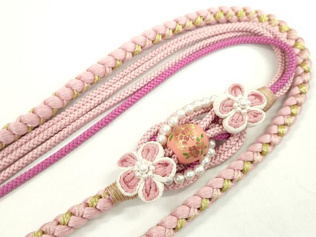 平和屋着物●和装小物　振袖用帯締め　飾り玉　つまみ細工　パール　花　鴇色　金糸　切り房　逸品　未使用　CAAW4102ju