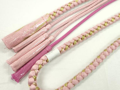 平和屋着物●和装小物　振袖用帯締め　飾り玉　つまみ細工　パール　花　鴇色　金糸　切り房　逸品　未使用　CAAW4101ju
