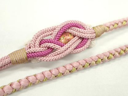 平和屋着物●和装小物　振袖用帯締め　飾り玉　つまみ細工　パール　花　鴇色　金糸　切り房　逸品　未使用　CAAW4102ju
