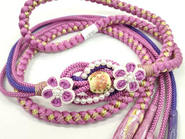 平和屋着物●和装小物　振袖用帯締め　飾り玉　つまみ細工　パール　花　若紫色　金糸　切り房　逸品　未使用　CAAW4103ju