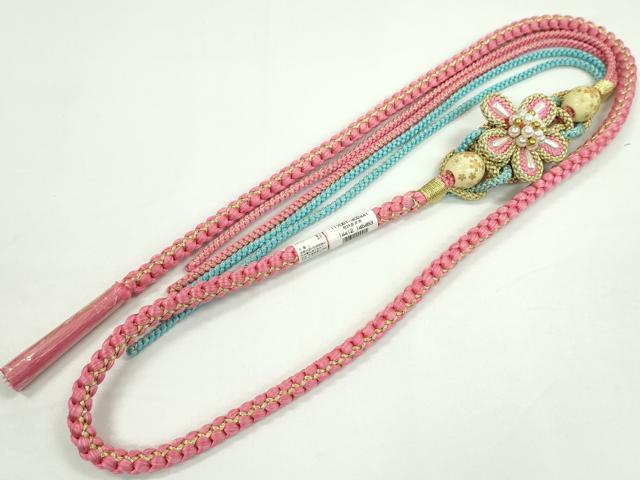 平和屋着物●和装小物　振袖用帯締め　飾り付き　飾り玉　パール　花　桃色×水色　金糸　切り房　逸品　未使用　CAAW4105ju