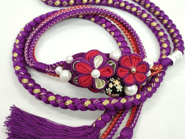 平和屋着物●和装小物　振袖用帯締め　つまみ細工　飾り玉　パール　花　本紫色×本紅色　金糸　撚り房　逸品　未使用　CAAW4107ju