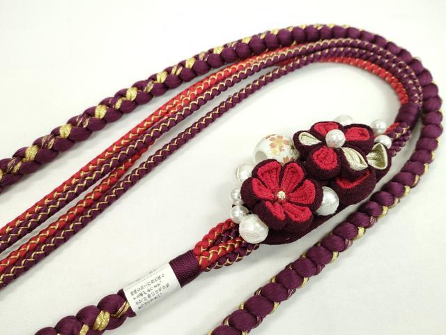 平和屋着物●和装小物 振袖用帯締め つまみ細工 飾り玉 パール 花 暗紅色 金糸 撚り房 逸品 未使用 CAAW4109ju