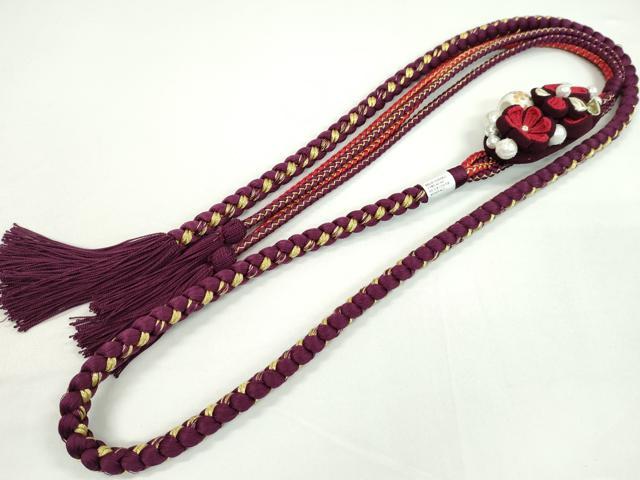 平和屋着物●和装小物 振袖用帯締め つまみ細工 飾り玉 パール 花 暗紅色 金糸 撚り房 逸品 未使用 CAAW4109ju