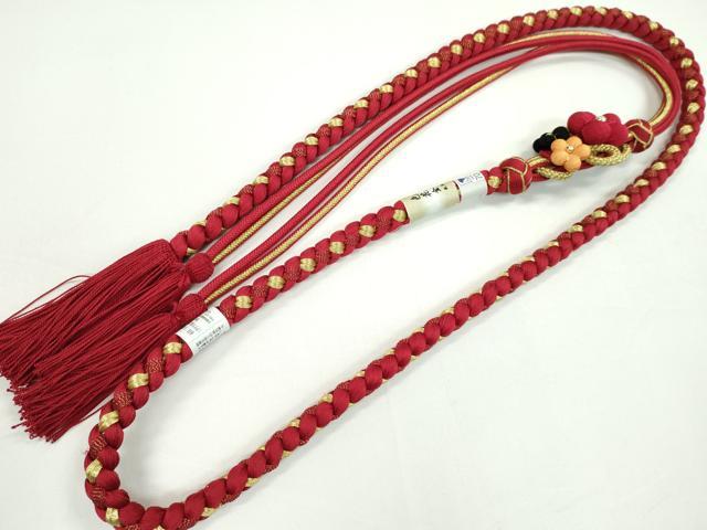 平和屋着物●和装小物　振袖用帯締め　ちりめん花飾り　梅　本紅色　色花金　小田巻き　金糸　撚り房　逸品　未使用　CAAW4113ju