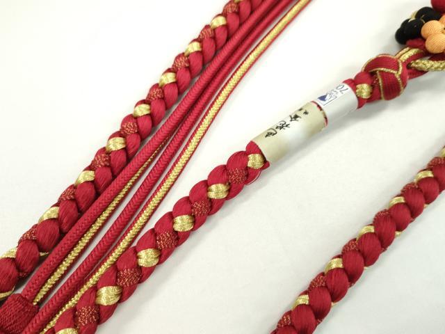 平和屋着物●和装小物　振袖用帯締め　ちりめん花飾り　梅　本紅色　色花金　小田巻き　金糸　撚り房　逸品　未使用　CAAW4113ju