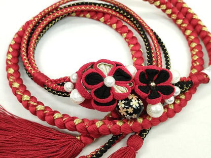 平和屋着物●和装小物　振袖用帯締め　つまみ細工　飾り玉　パール　花　本紅×黒　金糸　撚り房　逸品　未使用　CAAW4114ju