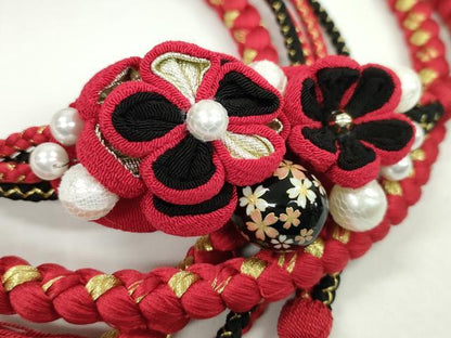 平和屋着物●和装小物　振袖用帯締め　つまみ細工　飾り玉　パール　花　本紅×黒　金糸　撚り房　逸品　未使用　CAAW4114ju