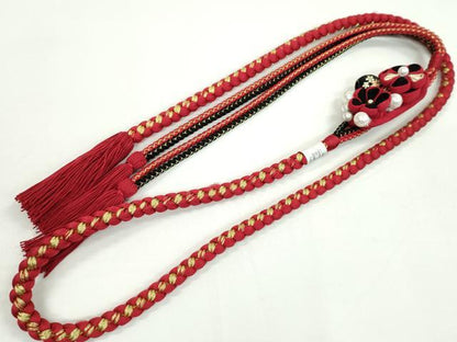 平和屋着物●和装小物　振袖用帯締め　つまみ細工　飾り玉　パール　花　本紅×黒　金糸　撚り房　逸品　未使用　CAAW4114ju