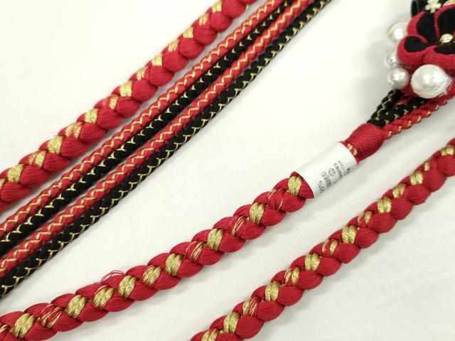 平和屋着物●和装小物　振袖用帯締め　つまみ細工　飾り玉　パール　花　本紅×黒　金糸　撚り房　逸品　未使用　CAAW4114ju
