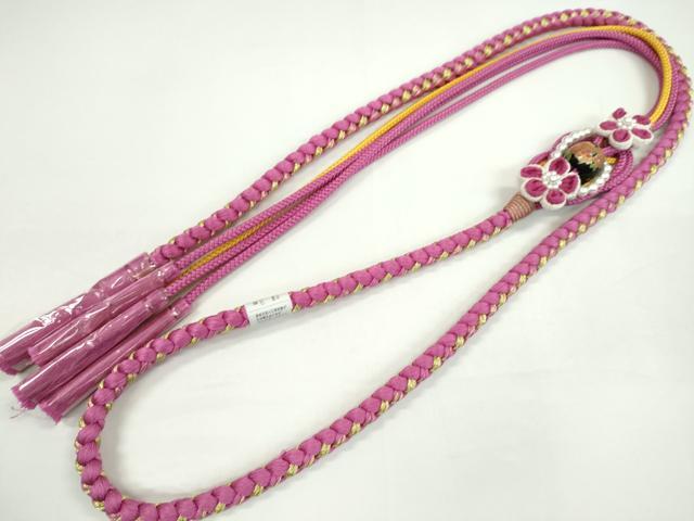 平和屋着物●和装小物　振袖用帯締め　つまみ細工　飾り玉　花　パール　中紅色　金糸　切り房　逸品　未使用　CAAW4122ju