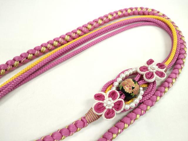 平和屋着物●和装小物　振袖用帯締め　つまみ細工　飾り玉　花　パール　中紅色　金糸　切り房　逸品　未使用　CAAW4122ju