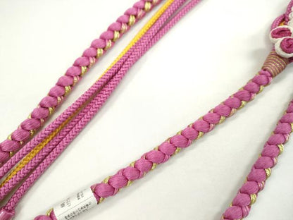 平和屋着物●和装小物　振袖用帯締め　つまみ細工　飾り玉　花　パール　中紅色　金糸　切り房　逸品　未使用　CAAW4122ju