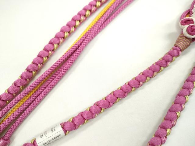 平和屋着物●和装小物　振袖用帯締め　つまみ細工　飾り玉　花　パール　中紅色　金糸　切り房　逸品　未使用　CAAW4122ju