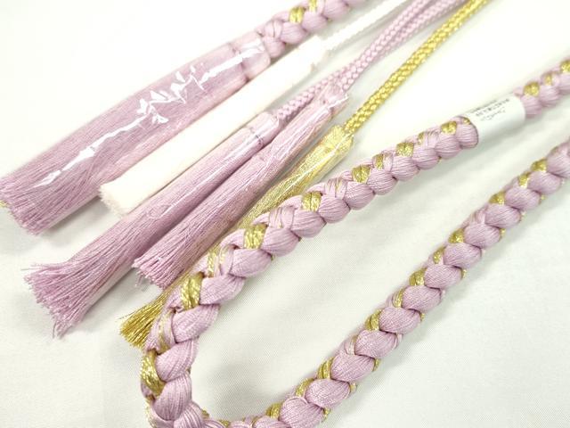 平和屋着物●和装小物 振袖用帯締め つまみ細工 飾り玉 花 パール 撫子色 金糸 切り房 逸品 未使用 CAAW4123ju