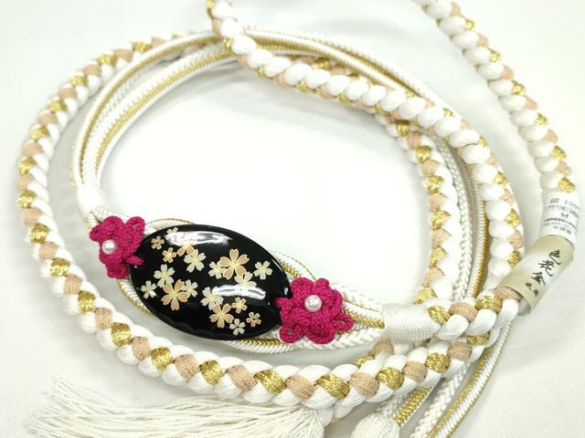 平和屋着物●和装小物　振袖用帯締め　飾り付き　パール　白　色花金　金糸　撚り房　逸品　未使用　CAAW4130ju