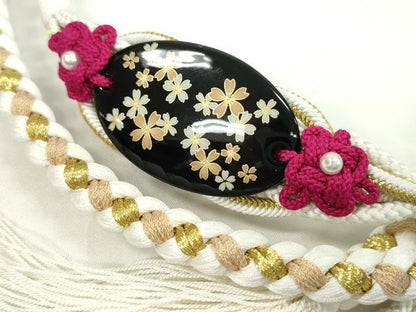 平和屋着物●和装小物　振袖用帯締め　飾り付き　パール　白　色花金　金糸　撚り房　逸品　未使用　CAAW4130ju