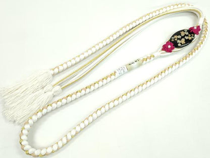 平和屋着物●和装小物　振袖用帯締め　飾り付き　パール　白　色花金　金糸　撚り房　逸品　未使用　CAAW4130ju