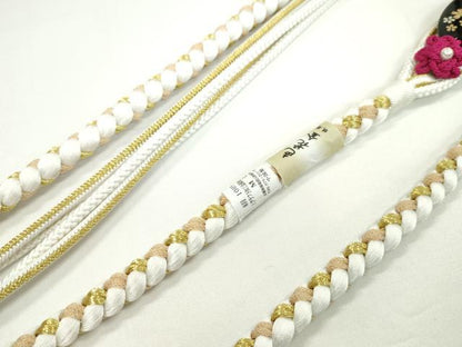 平和屋着物●和装小物　振袖用帯締め　飾り付き　パール　白　色花金　金糸　撚り房　逸品　未使用　CAAW4130ju