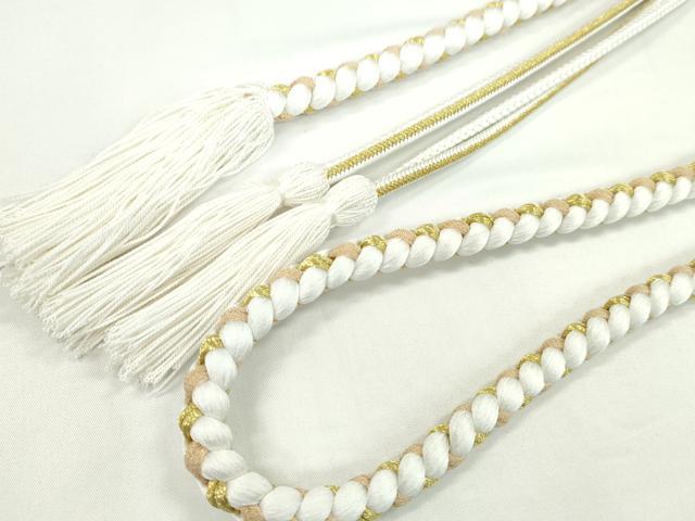 平和屋着物●和装小物　振袖用帯締め　飾り付き　パール　白　色花金　金糸　撚り房　逸品　未使用　CAAW4130ju