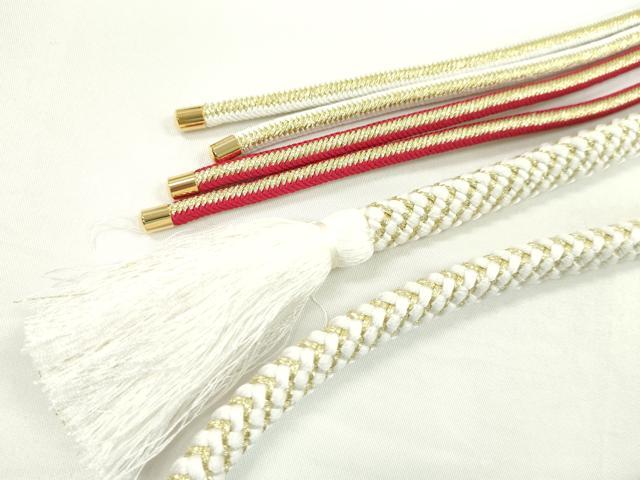 平和屋着物●和装小物　振袖用帯締め　つまみ細工　花　パール　白色×本紅色　金糸　切り房　逸品　未使用　CAAW4131ju