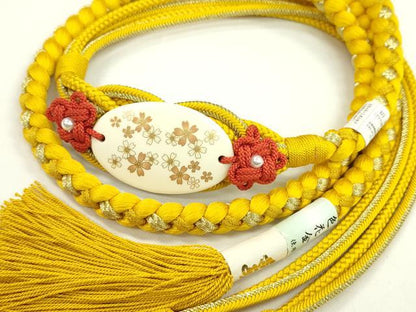 平和屋着物●和装小物 振袖用帯締め 花 パール 鬱金色 色花金 金糸 撚り房 逸品 未使用 CAAW4132ju