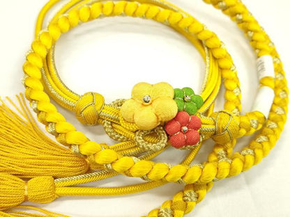 平和屋着物●和装小物 振袖用帯締め ちりめん花飾り 梅 小田巻き 鬱金色 色花金 金糸 撚り房 逸品 未使用 CAAW4134ju