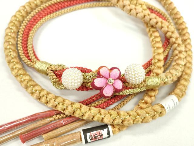 平和屋着物●和装小物 振袖用帯締め 花飾り 梅 パール 萱草色 金糸 切り房 逸品 未使用 CAAW4137ju
