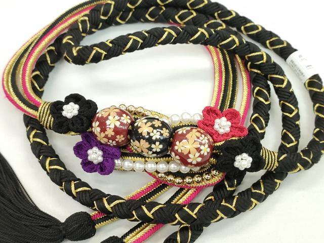 平和屋着物●和装小物　振袖用帯締め　飾り玉　つまみ細工　花　パール　黒色　金糸　撚り房　逸品　未使用　CAAW4143ju