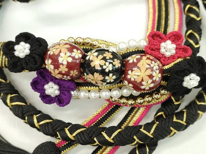 平和屋着物●和装小物　振袖用帯締め　飾り玉　つまみ細工　花　パール　黒色　金糸　撚り房　逸品　未使用　CAAW4143ju