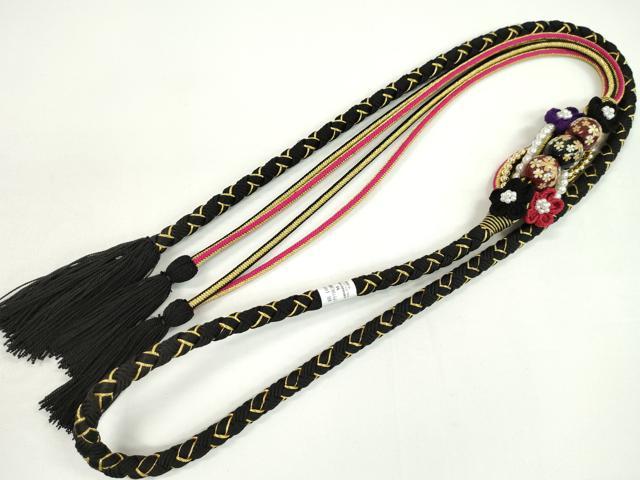 平和屋着物●和装小物　振袖用帯締め　飾り玉　つまみ細工　花　パール　黒色　金糸　撚り房　逸品　未使用　CAAW4143ju
