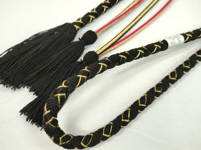平和屋着物●和装小物　振袖用帯締め　飾り玉　つまみ細工　花　パール　黒色　金糸　撚り房　逸品　未使用　CAAW4143ju