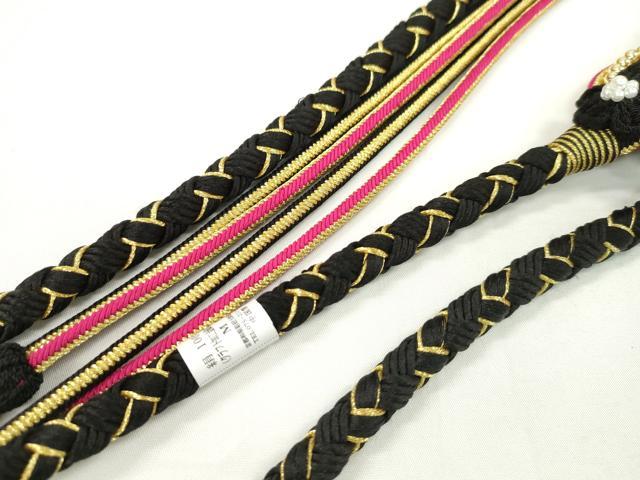 平和屋着物●和装小物　振袖用帯締め　飾り玉　つまみ細工　花　パール　黒色　金糸　撚り房　逸品　未使用　CAAW4143ju