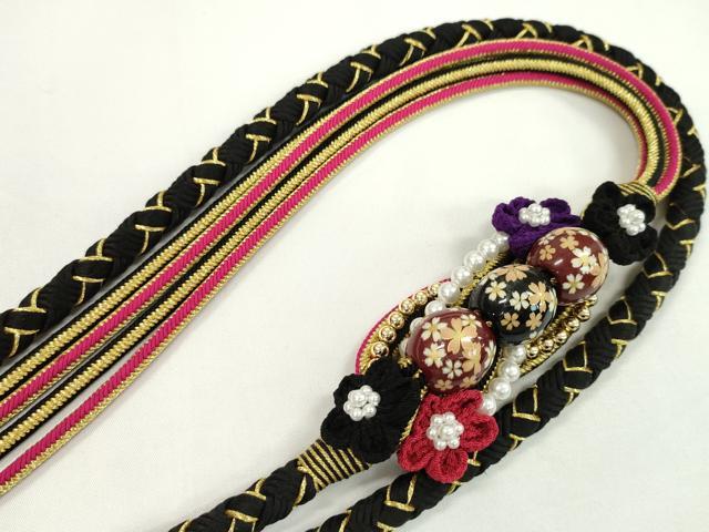 平和屋着物●和装小物　振袖用帯締め　飾り玉　つまみ細工　花　パール　黒色　金糸　撚り房　逸品　未使用　CAAW4143ju