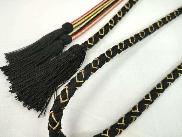 平和屋着物●和装小物　振袖用帯締め　飾り玉　つまみ細工　花　パール　黒色　金糸　撚り房　逸品　未使用　CAAW4144ju