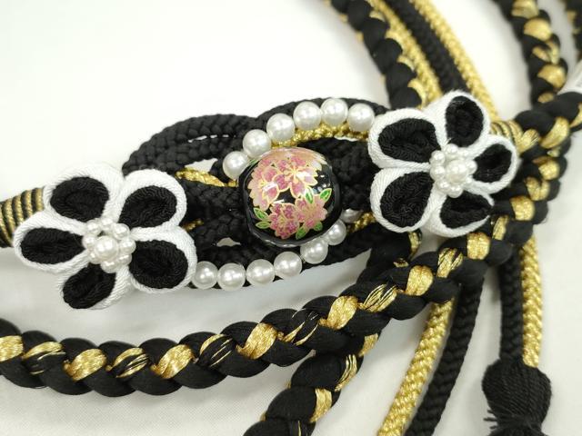 平和屋着物●和装小物　振袖用帯締め　飾り玉　つまみ細工　花　パール　黒色　金糸　撚り房　逸品　未使用　CAAW4145ju
