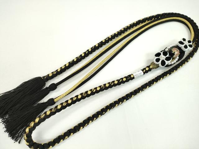 平和屋着物●和装小物　振袖用帯締め　飾り玉　つまみ細工　花　パール　黒色　金糸　撚り房　逸品　未使用　CAAW4145ju