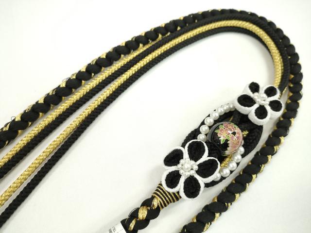 平和屋着物●和装小物　振袖用帯締め　飾り玉　つまみ細工　花　パール　黒色　金糸　撚り房　逸品　未使用　CAAW4145ju