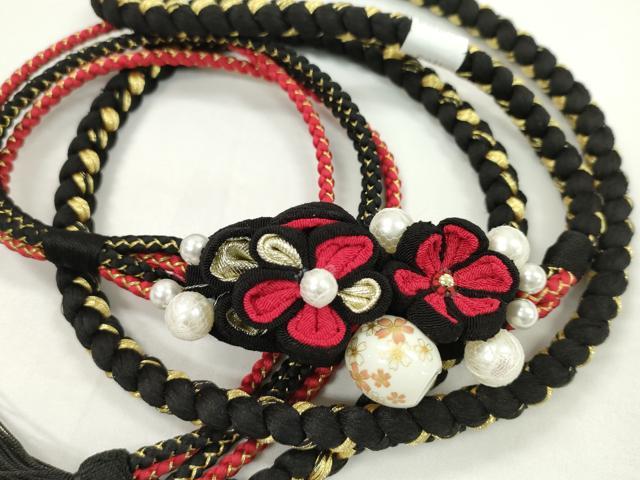 平和屋着物●和装小物　振袖用帯締め　飾り玉　つまみ細工　花　パール　黒色　金糸　撚り房　逸品　未使用　CAAW4146ju