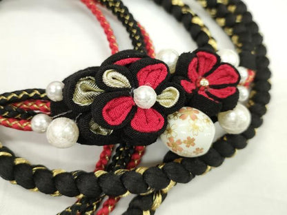 平和屋着物●和装小物　振袖用帯締め　飾り玉　つまみ細工　花　パール　黒色　金糸　撚り房　逸品　未使用　CAAW4146ju