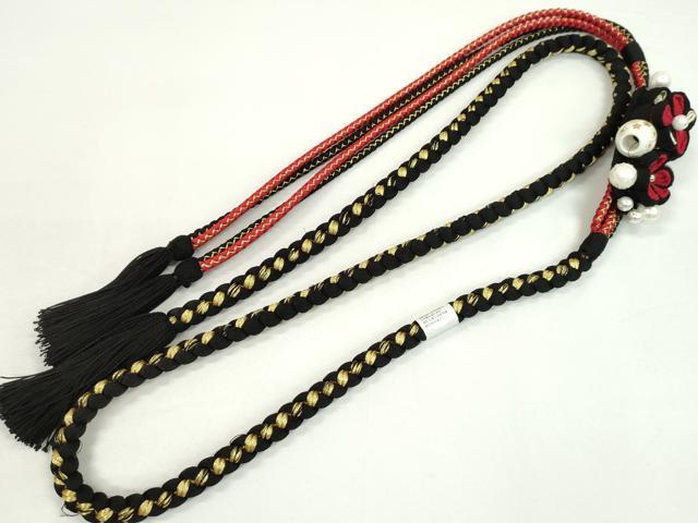 平和屋着物●和装小物　振袖用帯締め　飾り玉　つまみ細工　花　パール　黒色　金糸　撚り房　逸品　未使用　CAAW4146ju