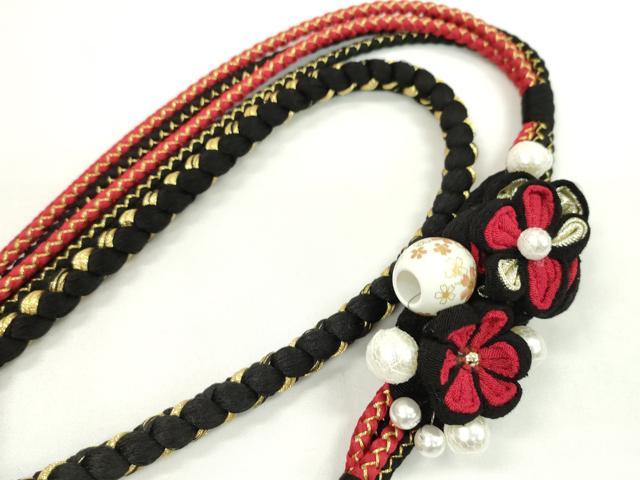 平和屋着物●和装小物　振袖用帯締め　飾り玉　つまみ細工　花　パール　黒色　金糸　撚り房　逸品　未使用　CAAW4146ju