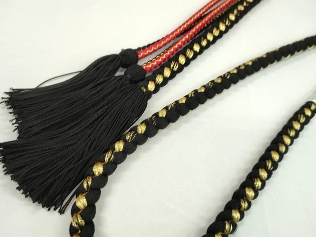平和屋着物●和装小物　振袖用帯締め　飾り玉　つまみ細工　花　パール　黒色　金糸　撚り房　逸品　未使用　CAAW4146ju