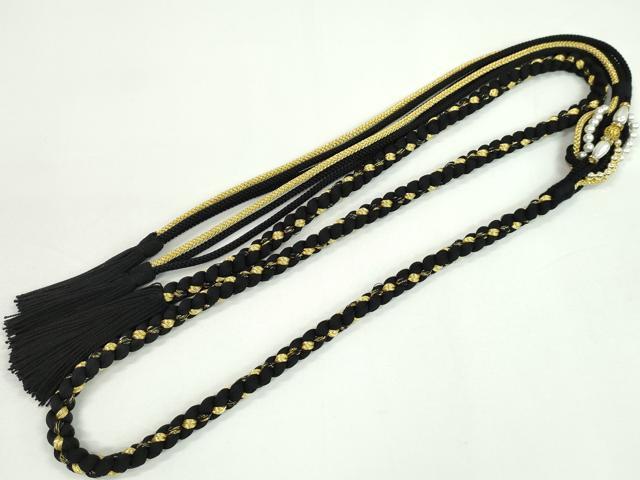 平和屋着物●和装小物　振袖用帯締め　パール　ビジュー　黒色　金糸　撚り房　逸品　未使用　CAAW4147ju