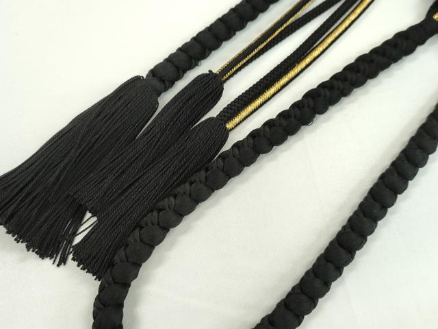 平和屋着物●和装小物　振袖用帯締め　ちりめん花飾り　菊　黒色　金糸　撚り房　逸品　未使用　CAAW4148ju